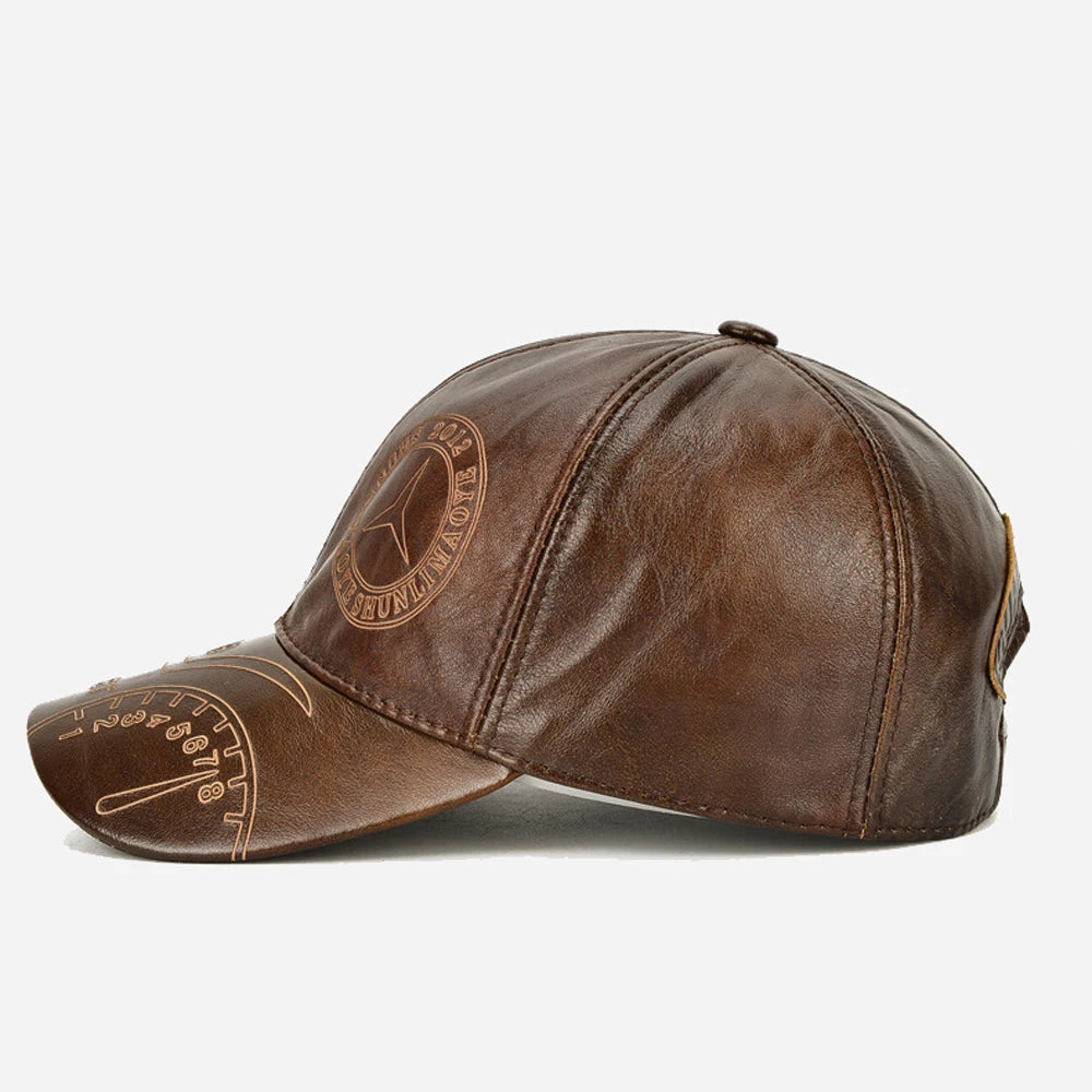 Printed Genuine Leather Baseball Cap – Adjustable Fit, All-Season Wear