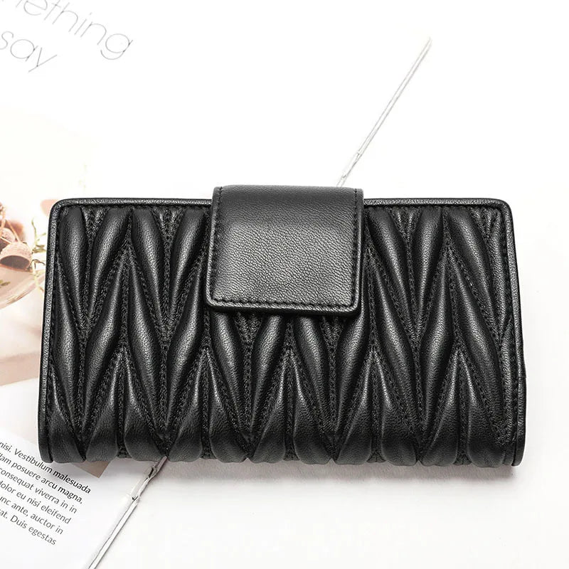 Women’s Wrinkled Sheepskin Leather Wallet – Zipper & Large Capacity
