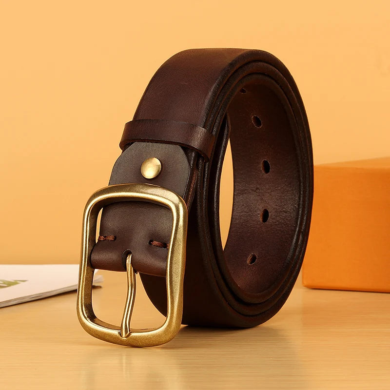 Full-Grain Cowhide Leather Belt with Solid Brass Buckle
