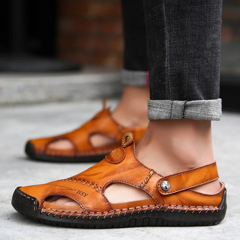 Classic Genuine Leather Sandals with Buckle Strap