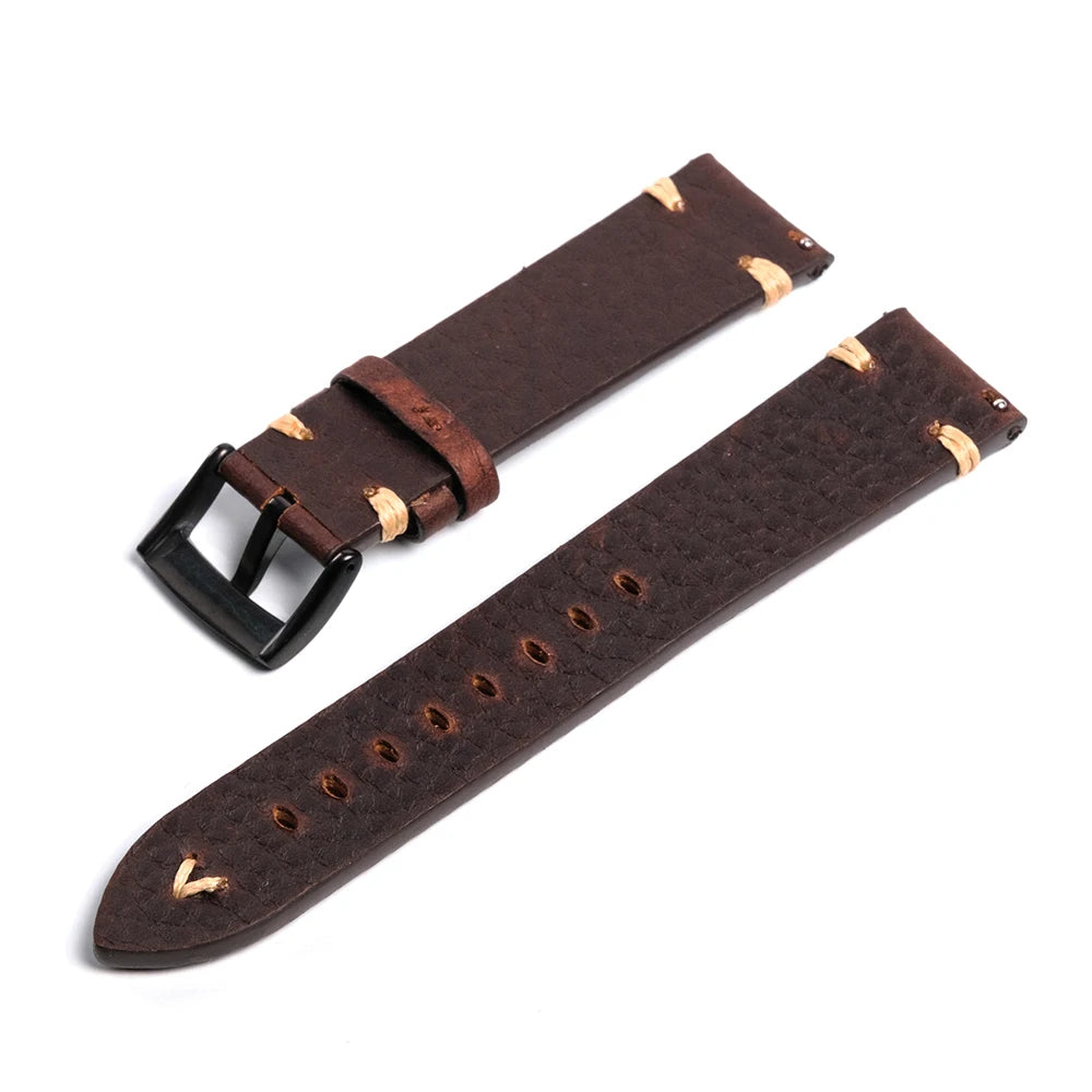 Vintage Genuine Leather Watchband – Wax Stitch & Pin Buckle
