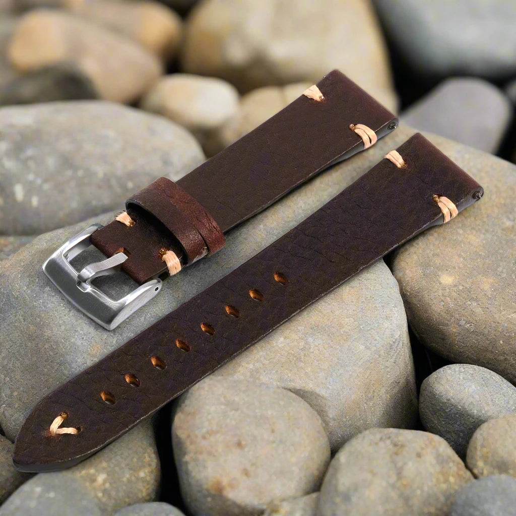 Vintage Genuine Leather Watchband – Wax Stitch & Pin Buckle
