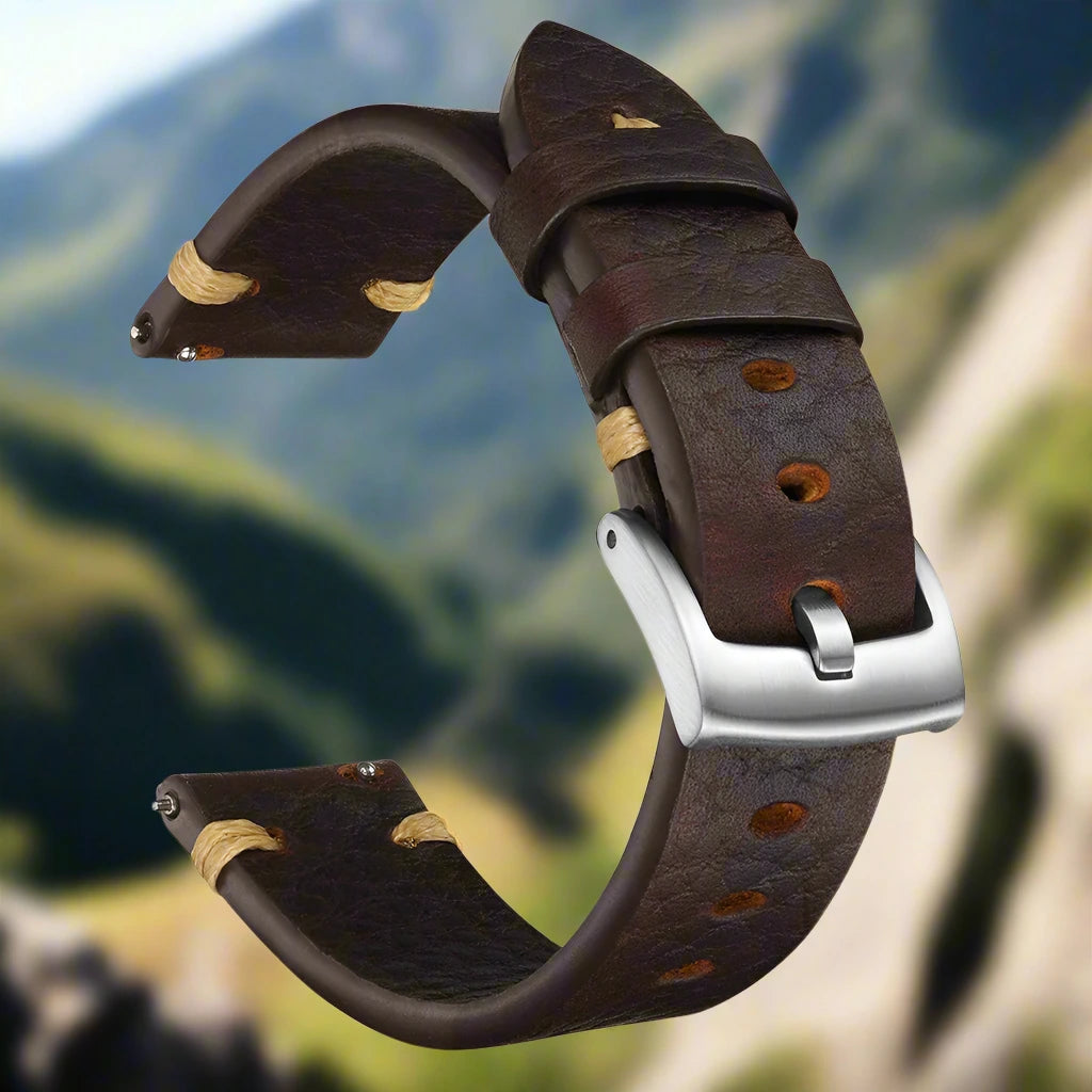 Vintage Genuine Leather Watchband – Wax Stitch & Pin Buckle
