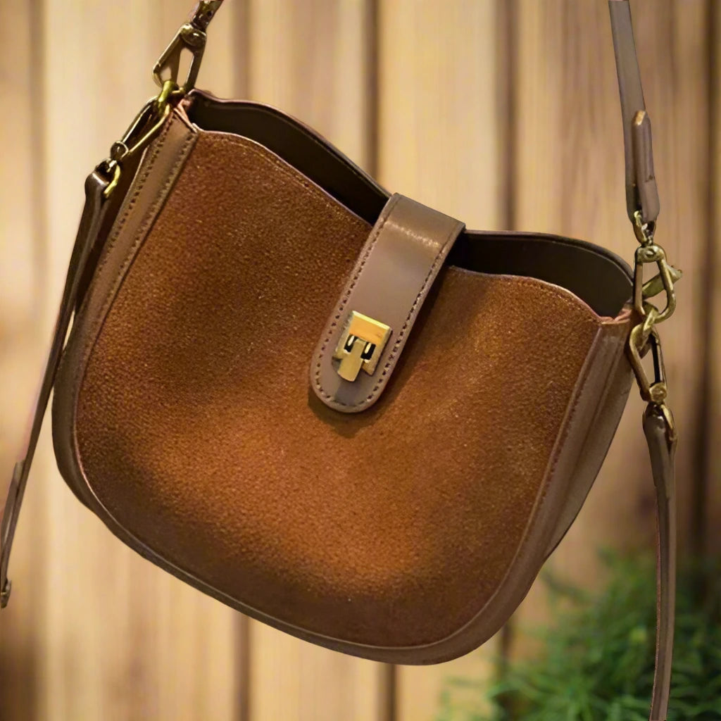 Women’s Genuine Leather Shoulder Bag – Half-Moon Design, Zipper & Hasp Closure