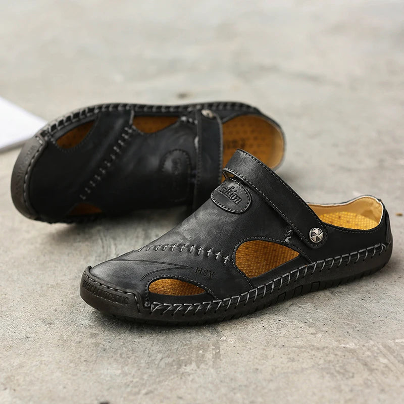 Classic Genuine Leather Sandals with Buckle Strap
