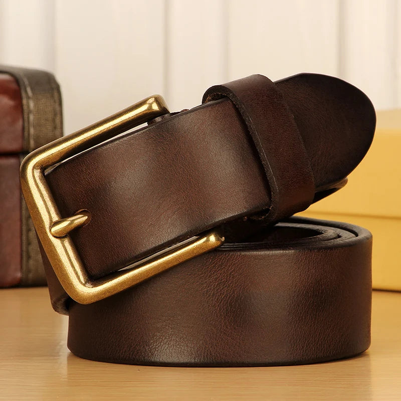 Full-Grain Cowhide Leather Belt with Solid Brass Buckle