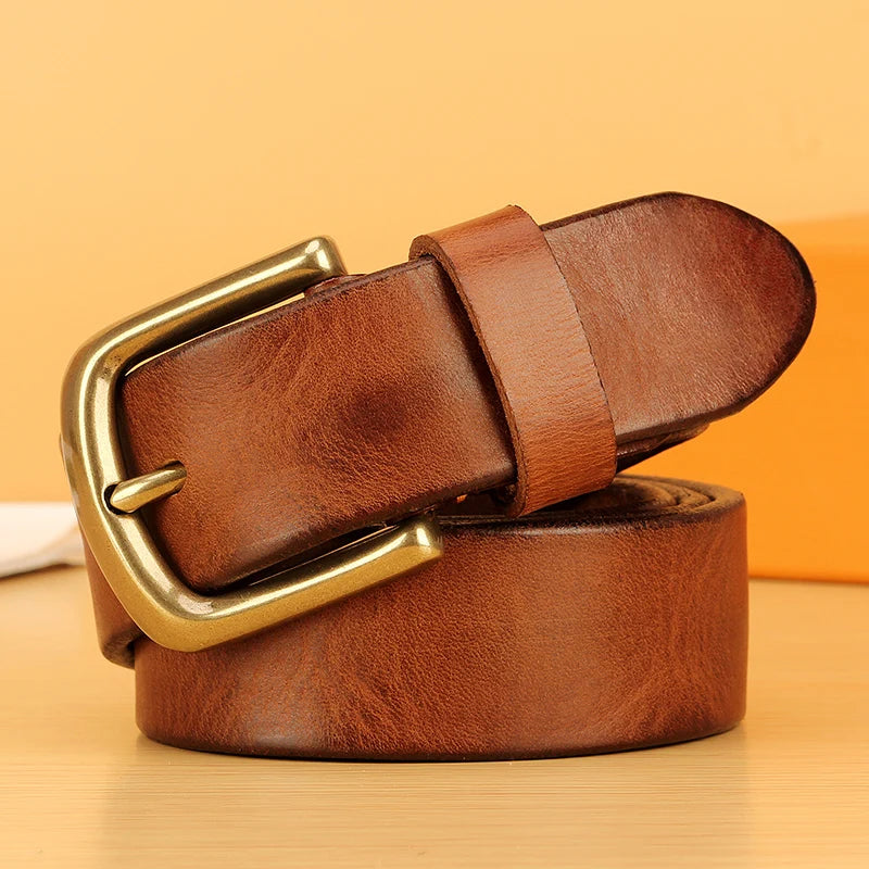 Full-Grain Cowhide Leather Belt with Solid Brass Buckle