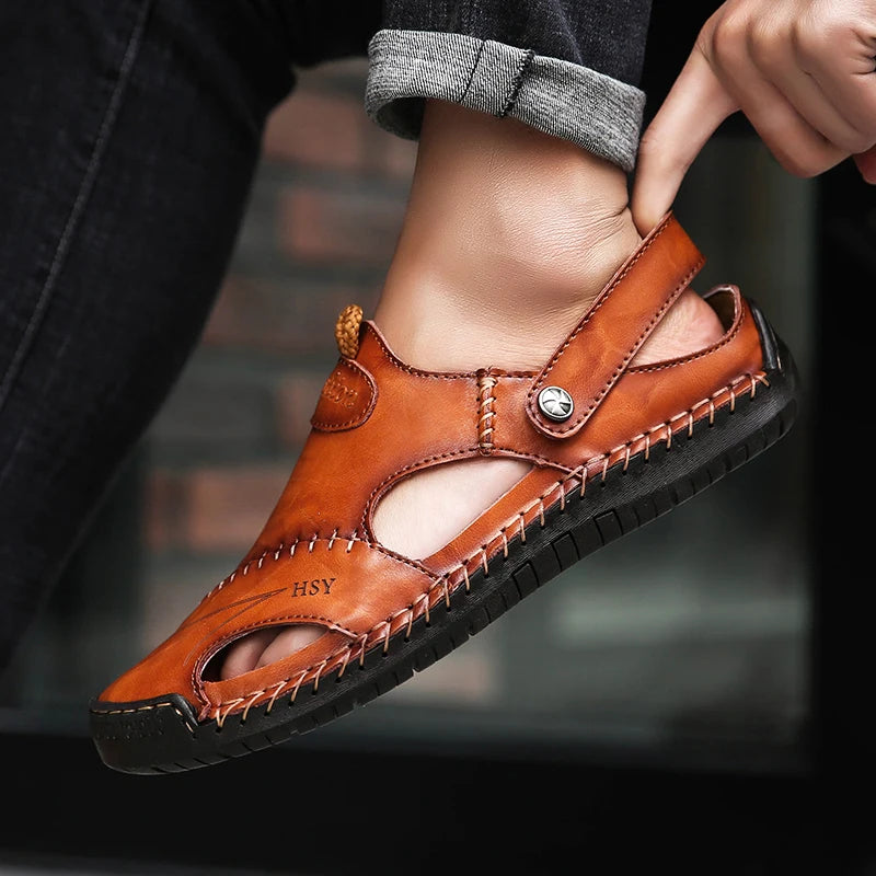 Classic Genuine Leather Sandals with Buckle Strap