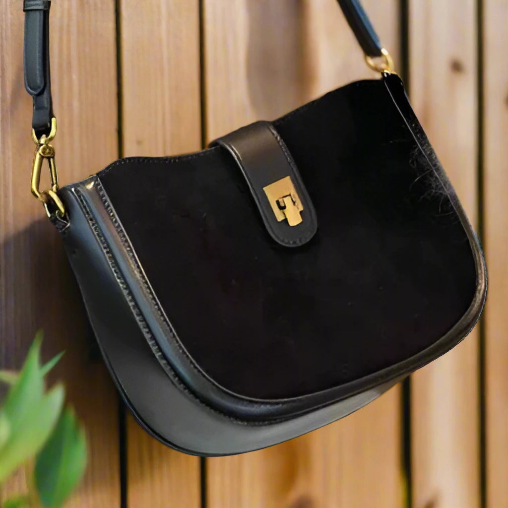 Women’s Genuine Leather Shoulder Bag – Half-Moon Design, Zipper & Hasp Closure