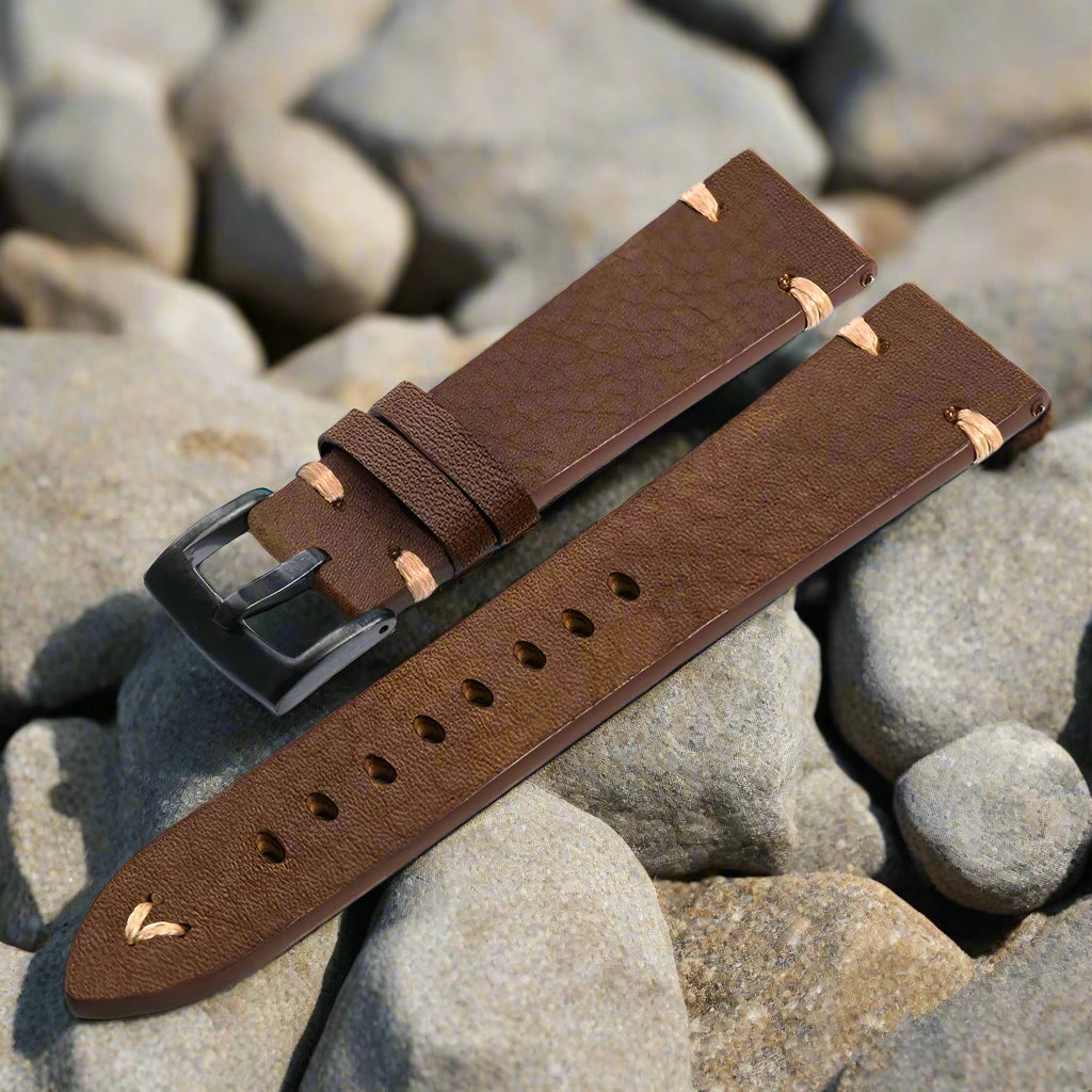 Vintage Genuine Leather Watchband – Wax Stitch & Pin Buckle