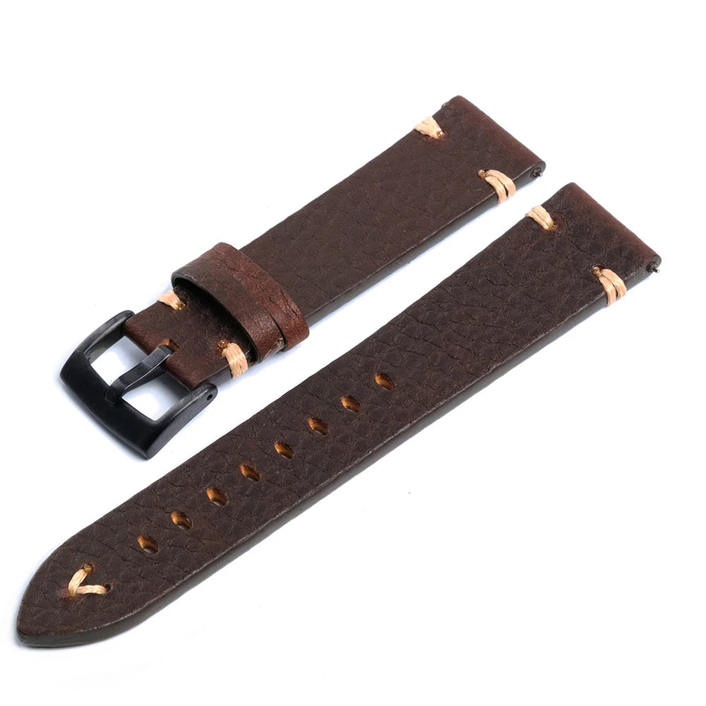 Vintage Genuine Leather Watchband – Wax Stitch & Pin Buckle