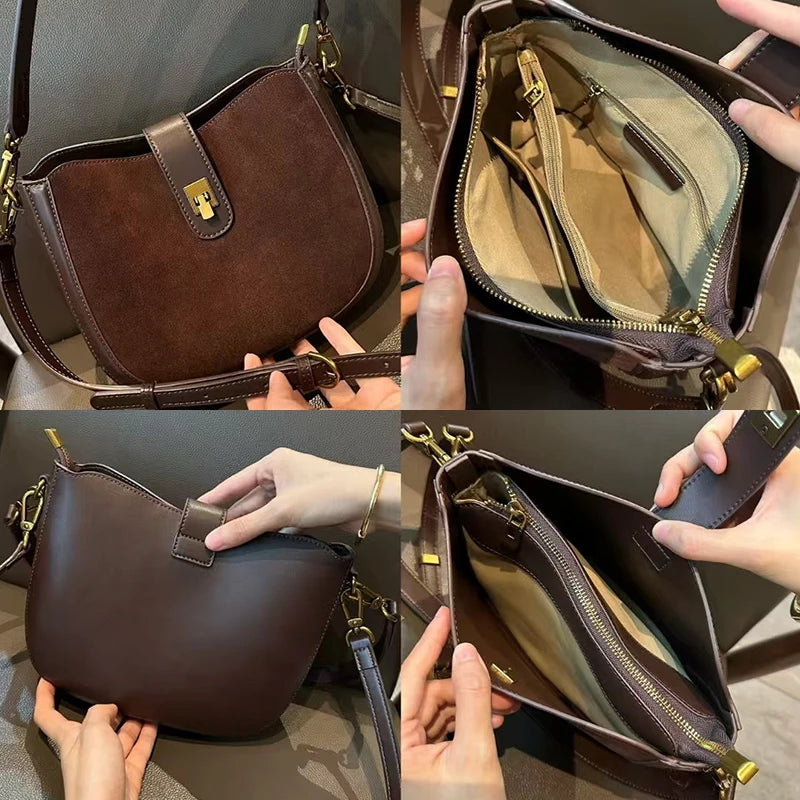 Women’s Genuine Leather Shoulder Bag – Half-Moon Design, Zipper & Hasp Closure