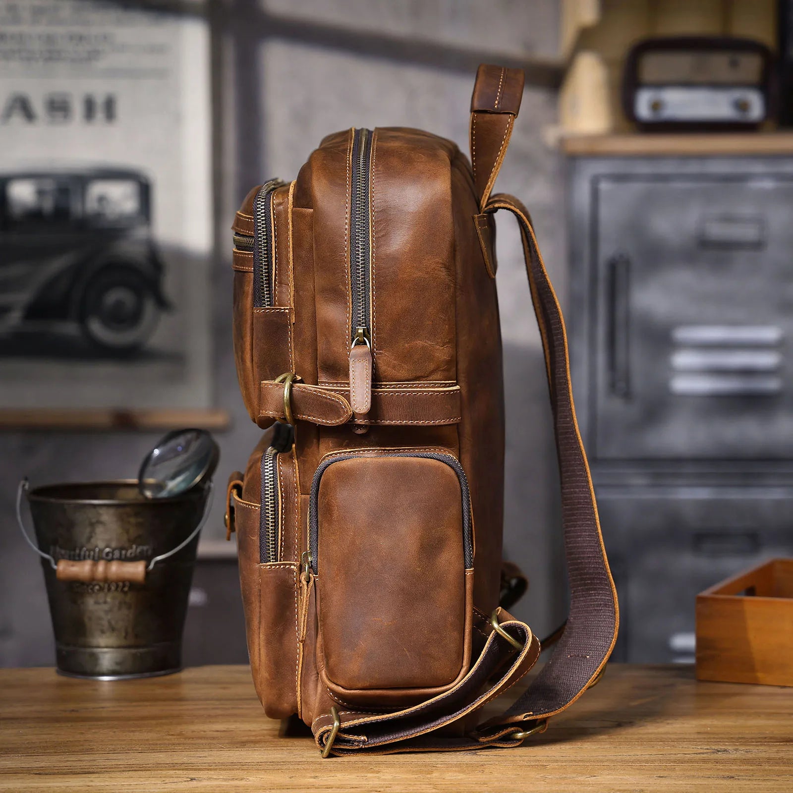 Genuine Leather Urban Backpack – Organic Cotton Lined for Daily Essentials