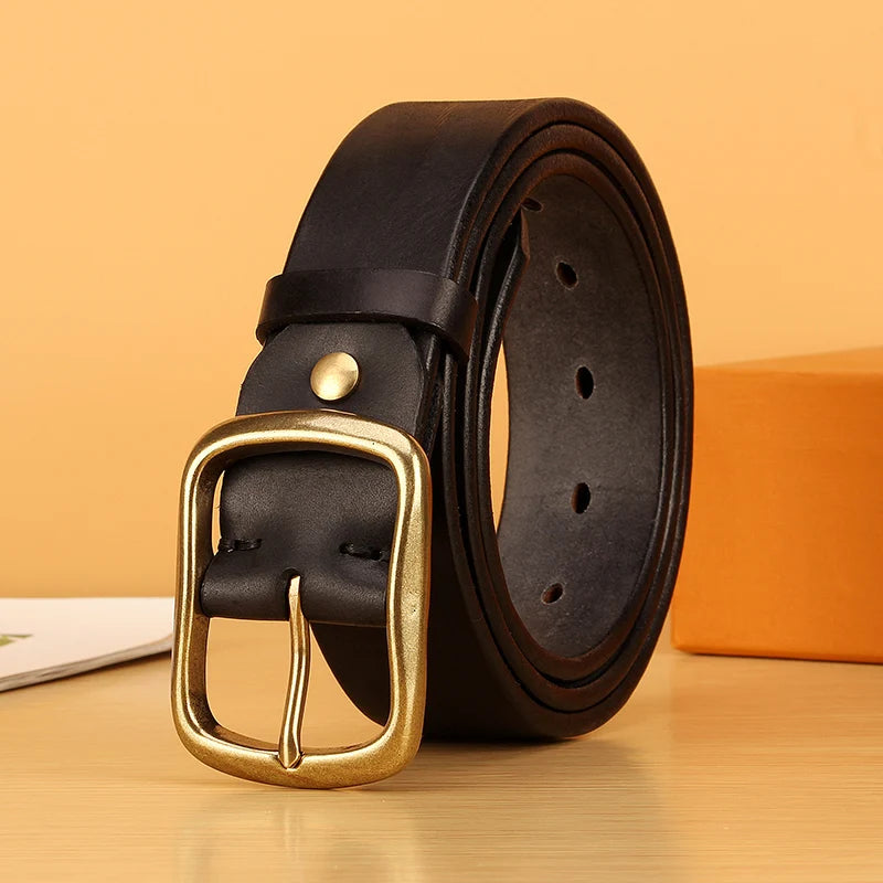 Full-Grain Cowhide Leather Belt with Solid Brass Buckle
