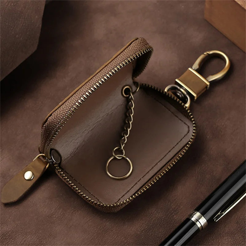 Premium Genuine Leather Key Wallet with Zip Closure