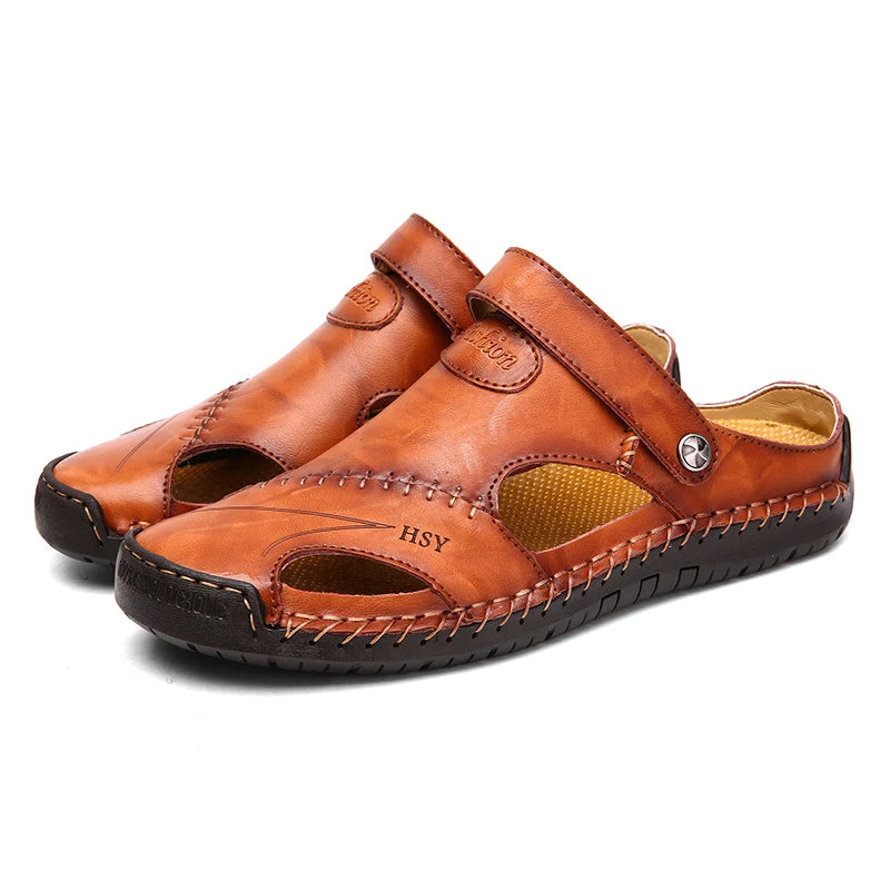 Classic Genuine Leather Sandals with Buckle Strap