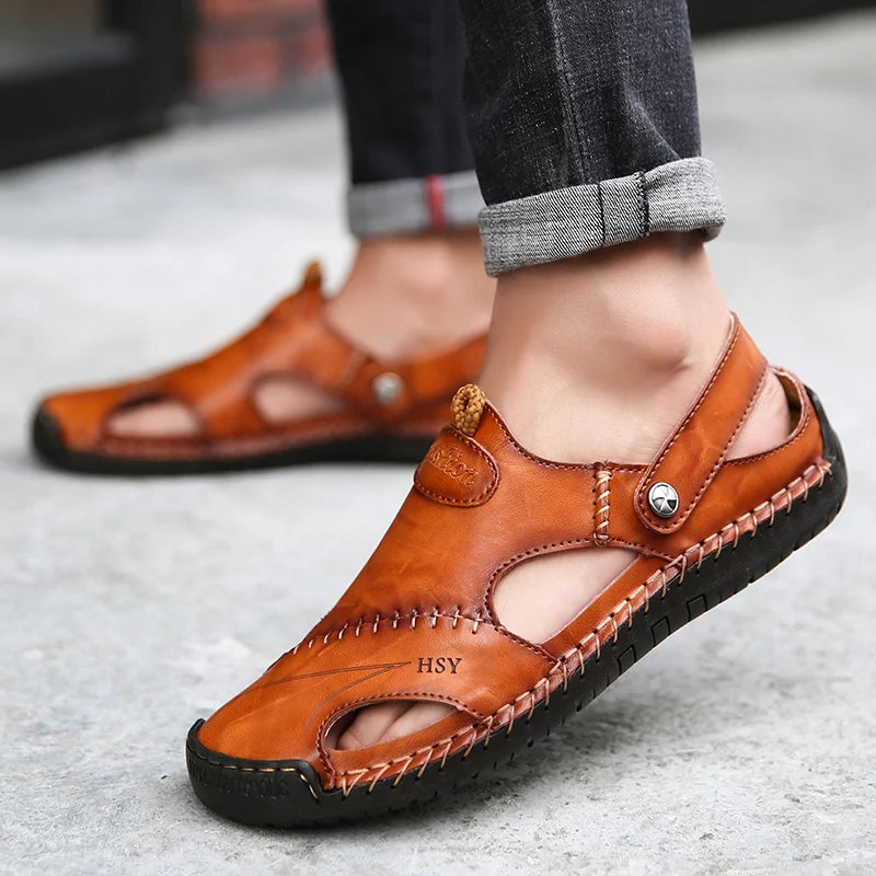 Classic Genuine Leather Sandals with Buckle Strap