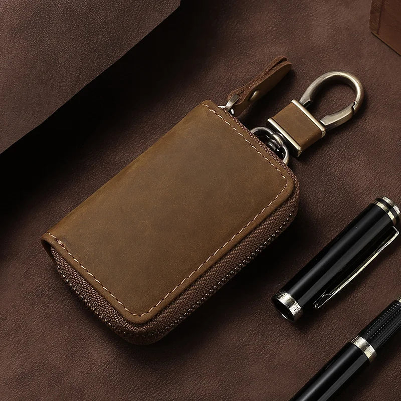 Premium Genuine Leather Key Wallet with Zip Closure