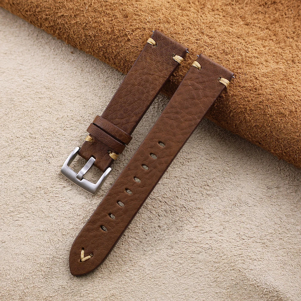 Vintage Genuine Leather Watchband – Wax Stitch & Pin Buckle