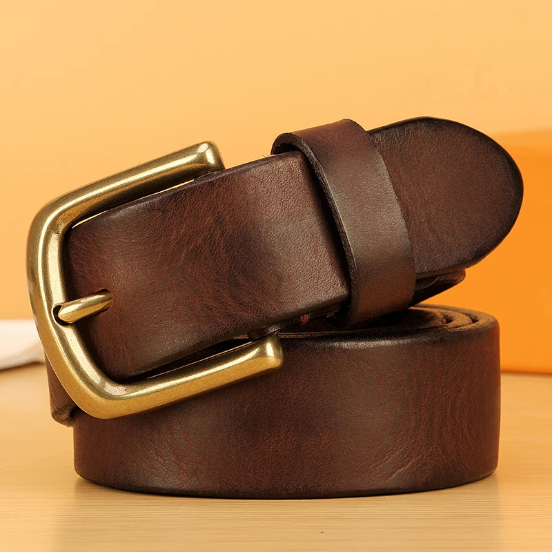 Full-Grain Cowhide Leather Belt with Solid Brass Buckle